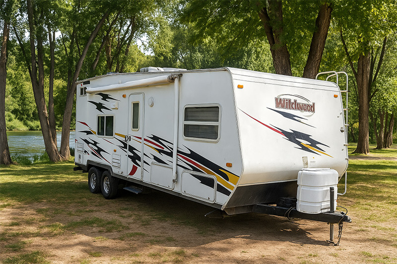 White RV Travel Trailer Rental in the Woods next to a river.